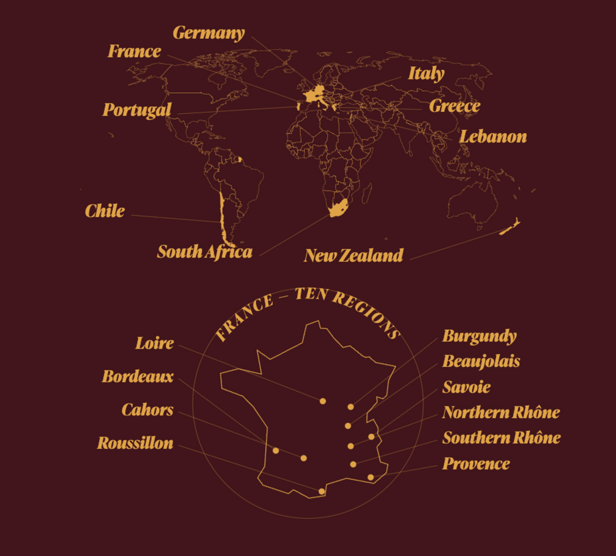 The 24 wines come from ten French regions and eight other countries
